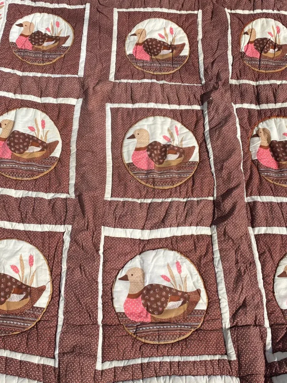 Vintage Ducks Mallard Brown Patchwork Quilt Blanket Comforter Cottage Country